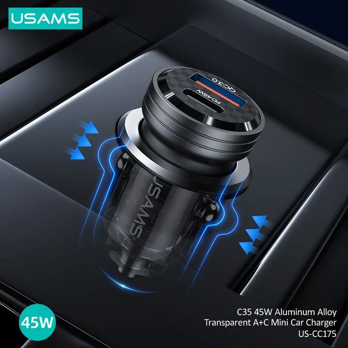 USAMS φορτιστής αυτοκινήτου US-CC175, USB & USB-C, 45W, QC & PD, μαύρος — εικόνα 5