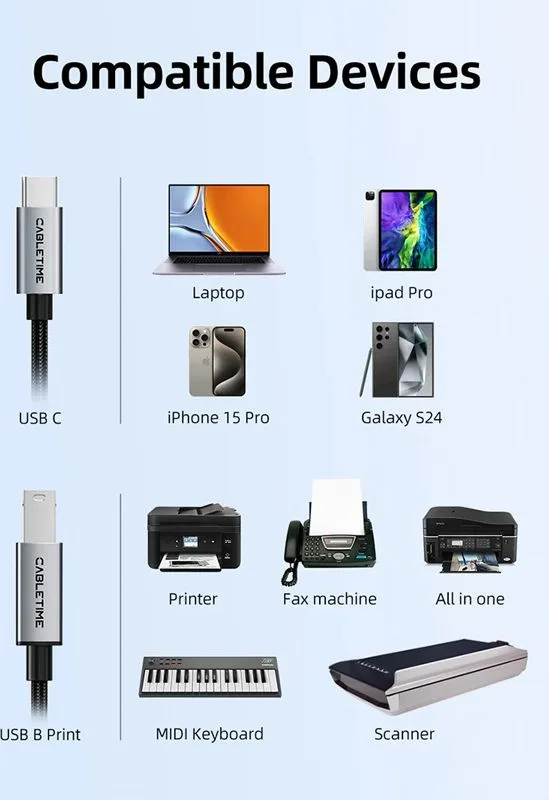 CABLETIME καλώδιο USB-C σε USB Type B CT-CMBM1, 480Mbps, 2m, μαύρο — εικόνα 6