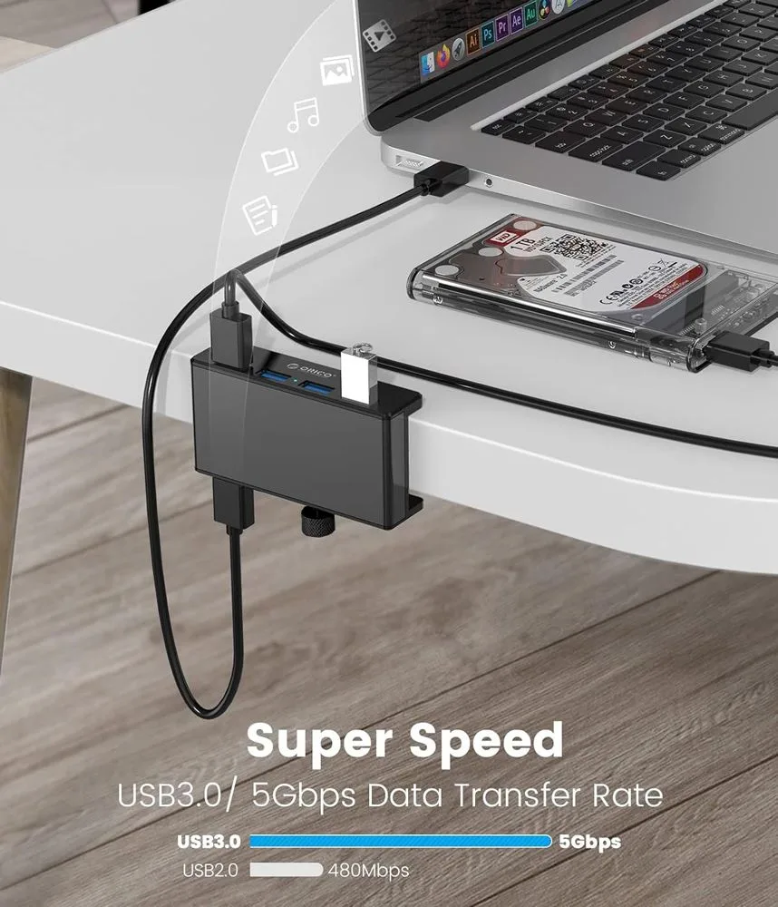 ORICO USB hub MH4PU-P με σφιγκτήρα, 4x θυρών, 5Gbps, USB σύνδεση, μαύρο — εικόνα 2