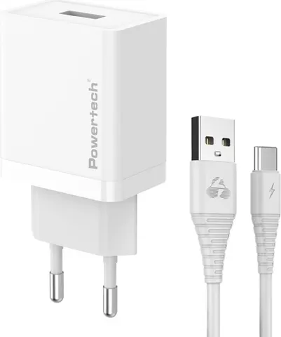 POWERTECH φορτιστής τοίχου PT-1322 με καλώδιο USB-C, USB, 12W, λευκός
