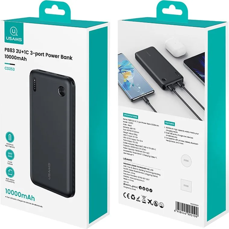 USAMS power bank CD253, 2x θύρες εξόδου, 10000mAh, 10W, μαύρο — εικόνα 7
