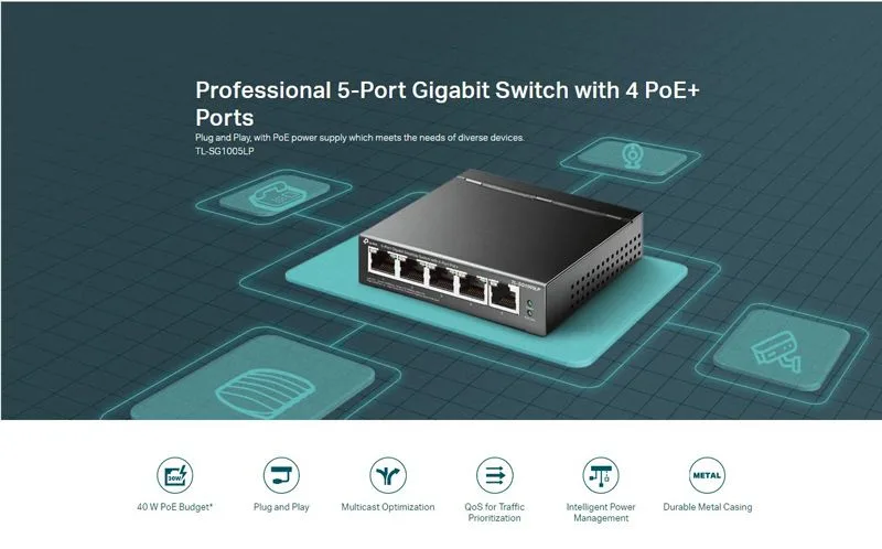 TP-LINK desktop switch TL-SG1005LP, 5-Port Gigabit, 4x PoE+, V4.0 — εικόνα 2