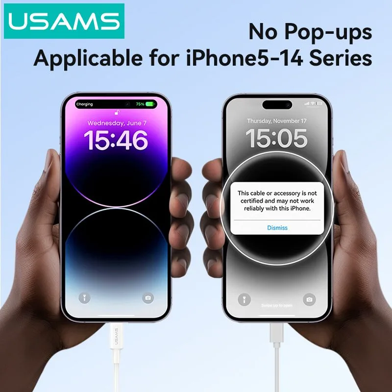 USAMS καλώδιο Lightning σε USB SJ762, 2.4A 12W, 480Mbps, 1m, λευκό — εικόνα 3