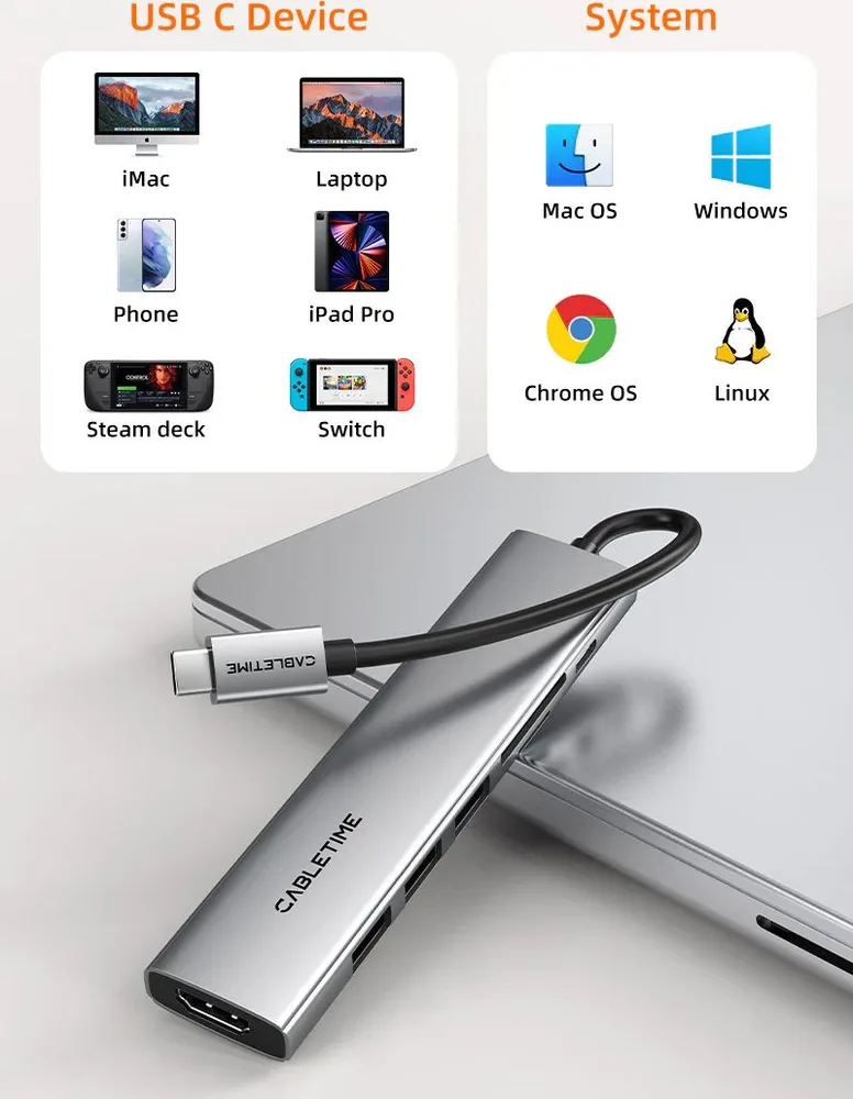 CABLETIME docking station CT-HBP2-AG7, 7 θυρών, USB-C, 4K, 100W, γκρι — εικόνα 8