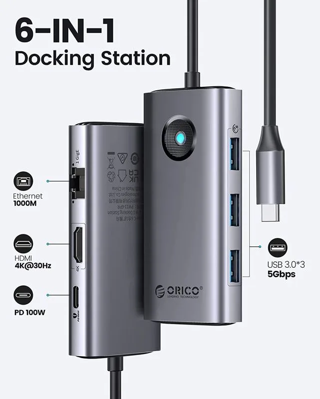 ORICO docking station PW11-6PR, 6 θυρών, USB-C σύνδεση, 100W PD 4K, γκρι — εικόνα 3