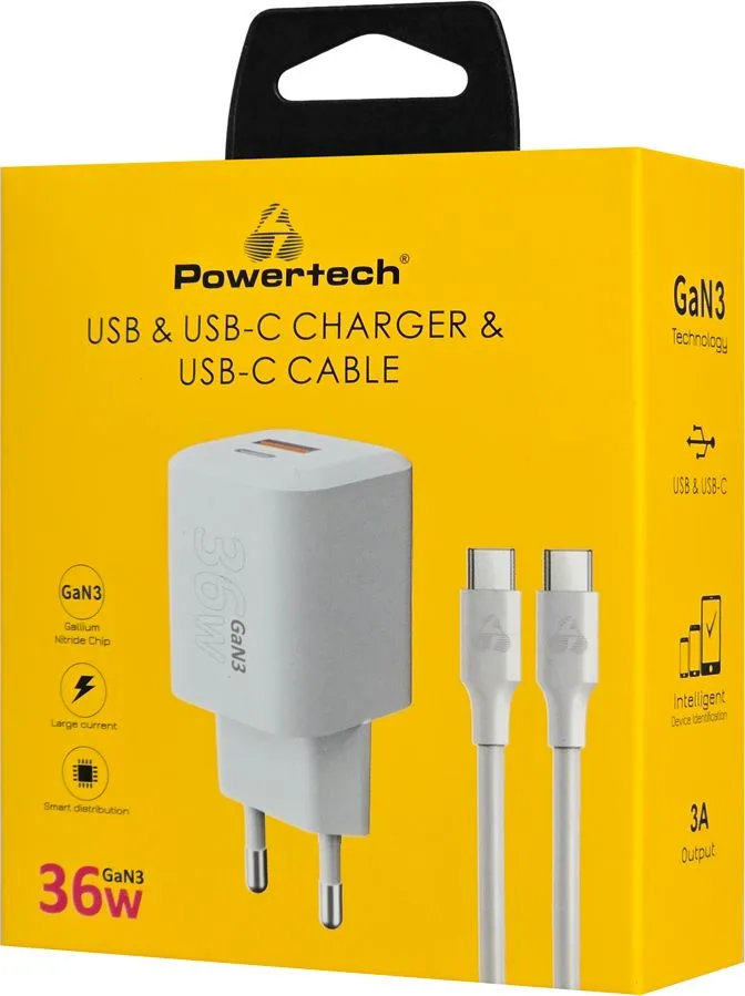 POWERTECH φορτιστής τοίχου PT-1351 με καλώδιο, USB/USB-C, 36W, GaN, λευκός — εικόνα 2