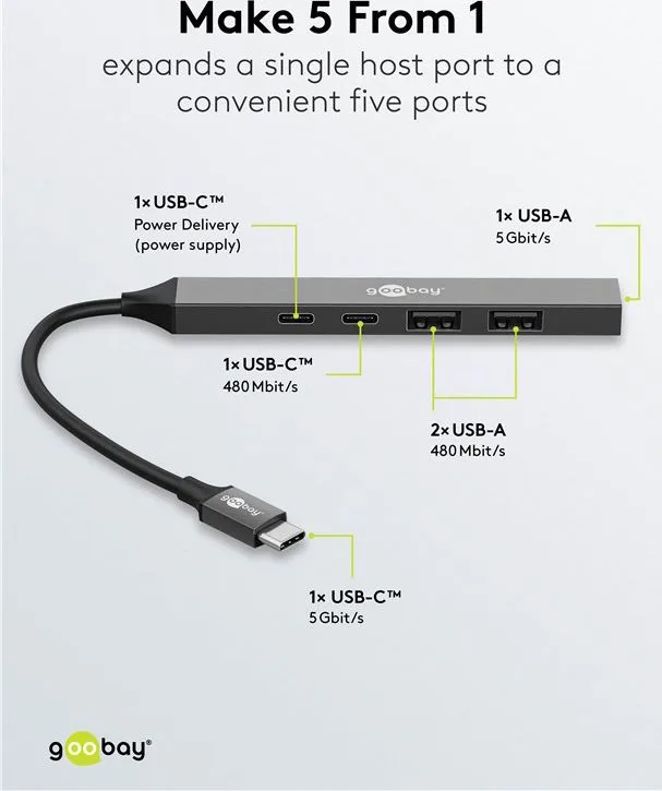 GOOBAY USB hub 74460, 5x θυρών, USB 3.2, 5Gbps, 100W, USB-C σύνδεση, γκρι — εικόνα 3
