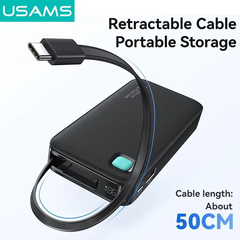 USAMS power bank CD224 με καλώδιο USB-C, 2x θύρες εξόδου, 10000mAh, 20W, μαύρο — εικόνα 3