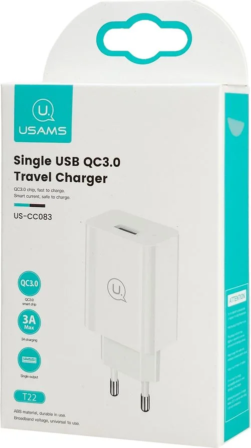 USAMS φορτιστής τοίχου T22, 1x USB, QC3.0 18W 3A, λευκός — εικόνα 4