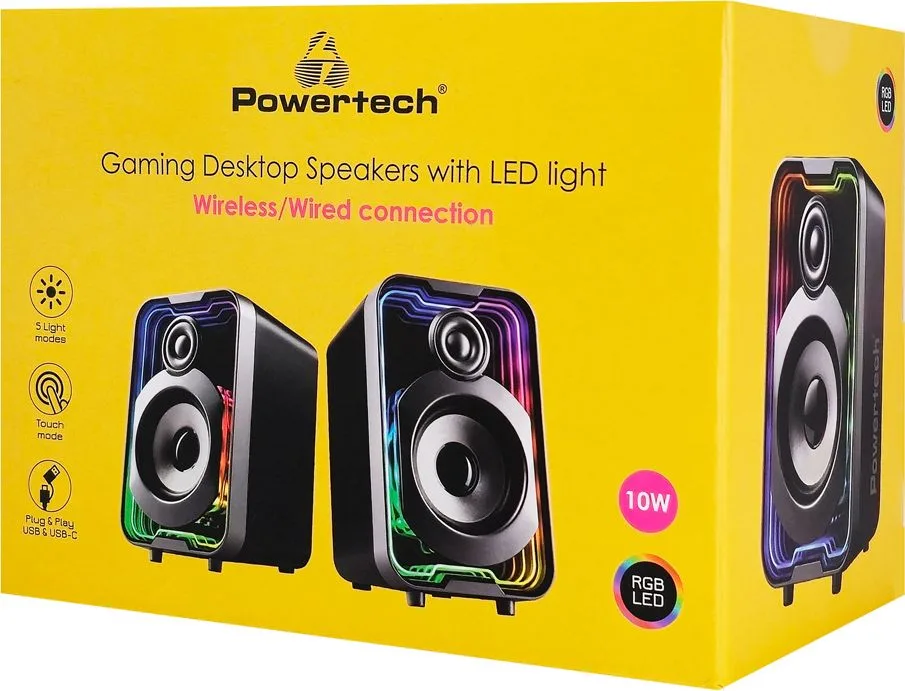 POWERTECH ηχεία PT-1575 με RGB φωτισμό, 2x 5W, Bluetooth & USB/USB-C, μαύρα — εικόνα 4