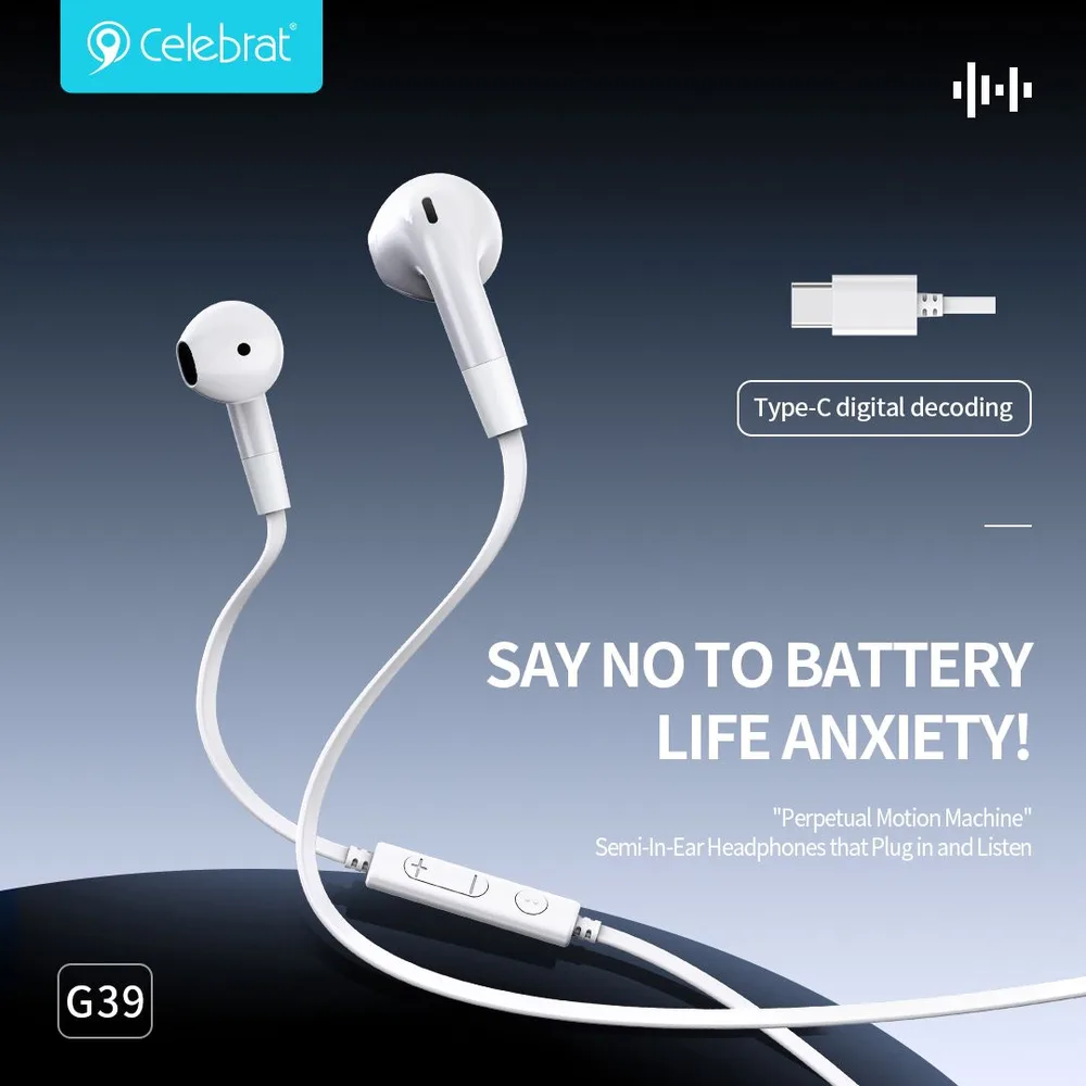 CELEBRAT earphones με μικρόφωνο G39, USB-C σύνδεση, 14mm, 1.2m, μαύρα — εικόνα 5