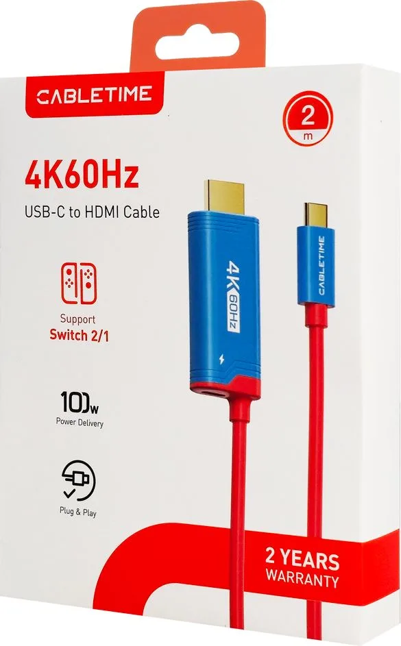 CABLETIME καλώδιο USB-C σε HDMI CT-CMHD4P, 4K/60Hz, PD100W, 2m, κόκκινο — εικόνα 5