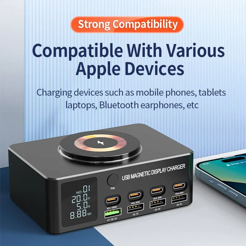 POWERTECH σταθμός φόρτισης PT-1625 με οθόνη, 4x USB/4x USB-C/wireless, 140W, μαύρος — εικόνα 5