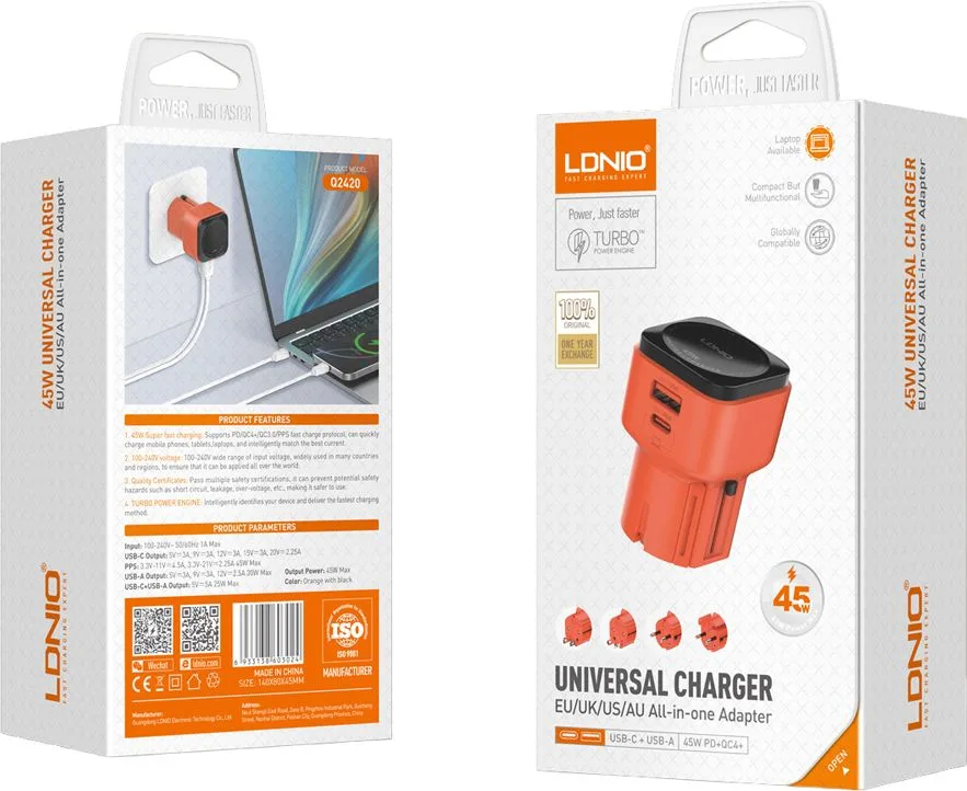 LDNIO φορτιστής τοίχου Q2420 με καλώδιο, USB/USB-C, 45W, universal πρίζα, πορτοκαλί — εικόνα 9