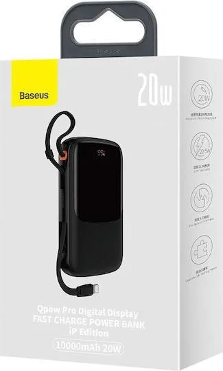 BASEUS Qpow PRO, Powerbank, 10000MAh, με καλώδιο Lightning, 20W, με ΨΗΦΙΑΚΗ οθόνη, μαύρο — εικόνα 2