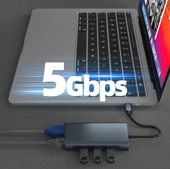POWERTECH docking station BYL-2311 8 θυρών, USB-C σύνδεση, 100W PD, γκρι — εικόνα 5