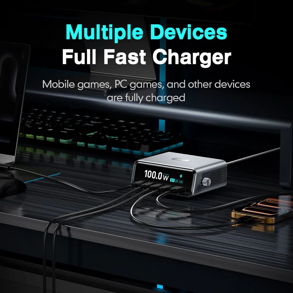 POWERTECH σταθμός φόρτισης PT-1622 με οθόνη, USB & 4x USB-C, GaN, 100W, ασημί — εικόνα 4