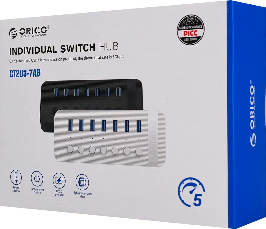 ORICO USB hub CT2U3-7AB με διακόπτες, 7x θυρών, USB 3.0, 5Gbps, USB σύνδεση, μαύρο — εικόνα 7