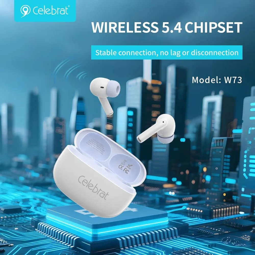 CELEBRAT earphones με θήκη φόρτισης W73, True Wireless, 13mm, 33/380mAh, λευκά — εικόνα 4