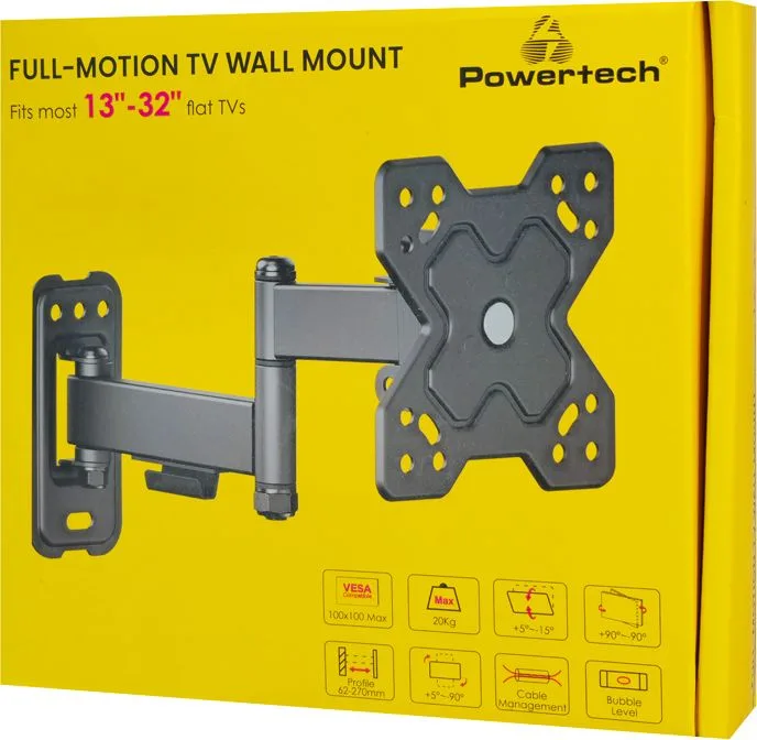 POWERTECH επιτοίχια βάση τηλεόρασης PT-1278, 13-32", έως 20kg, full motion — εικόνα 4