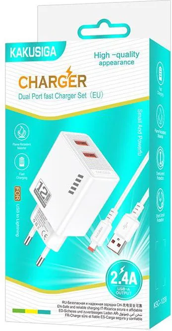 KAKUSIGA φορτιστής τοίχου KSC-1238 με καλώδιο Lightning, 2x USB, 12W, λευκός — εικόνα 3