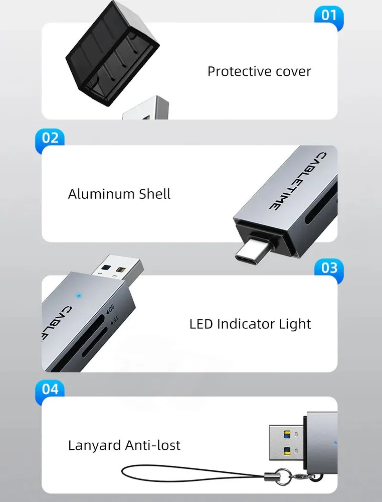 CABLETIME card reader CT-ACSD3-AG, SD/micro SD, USB/USB-C, 5Gbps, γκρι — εικόνα 8