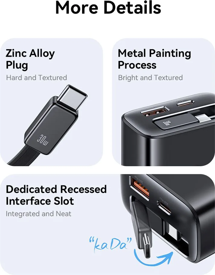 USAMS φορτιστής τοίχου CC296 με καλώδιο, USB & USB-C, 30W, μαύρος — εικόνα 7