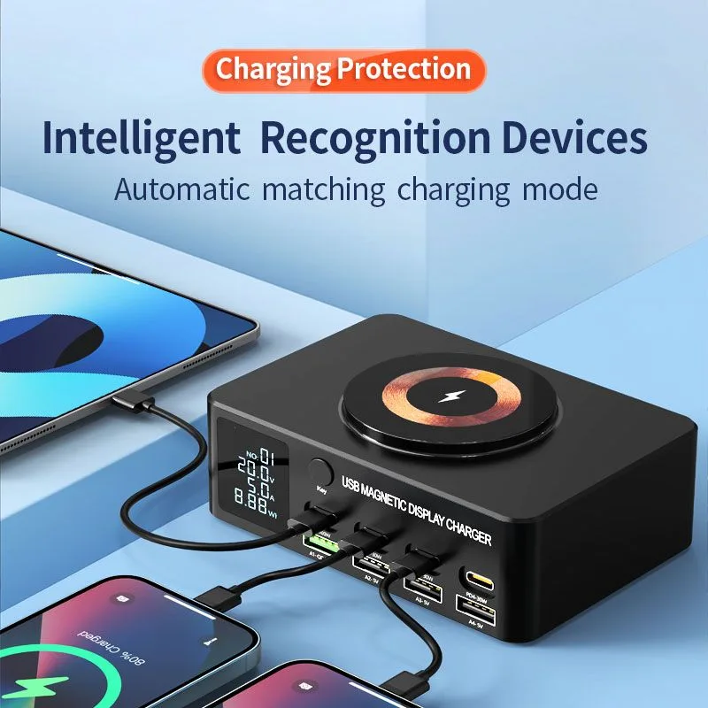 POWERTECH σταθμός φόρτισης PT-1625 με οθόνη, 4x USB/4x USB-C/wireless, 140W, μαύρος — εικόνα 4