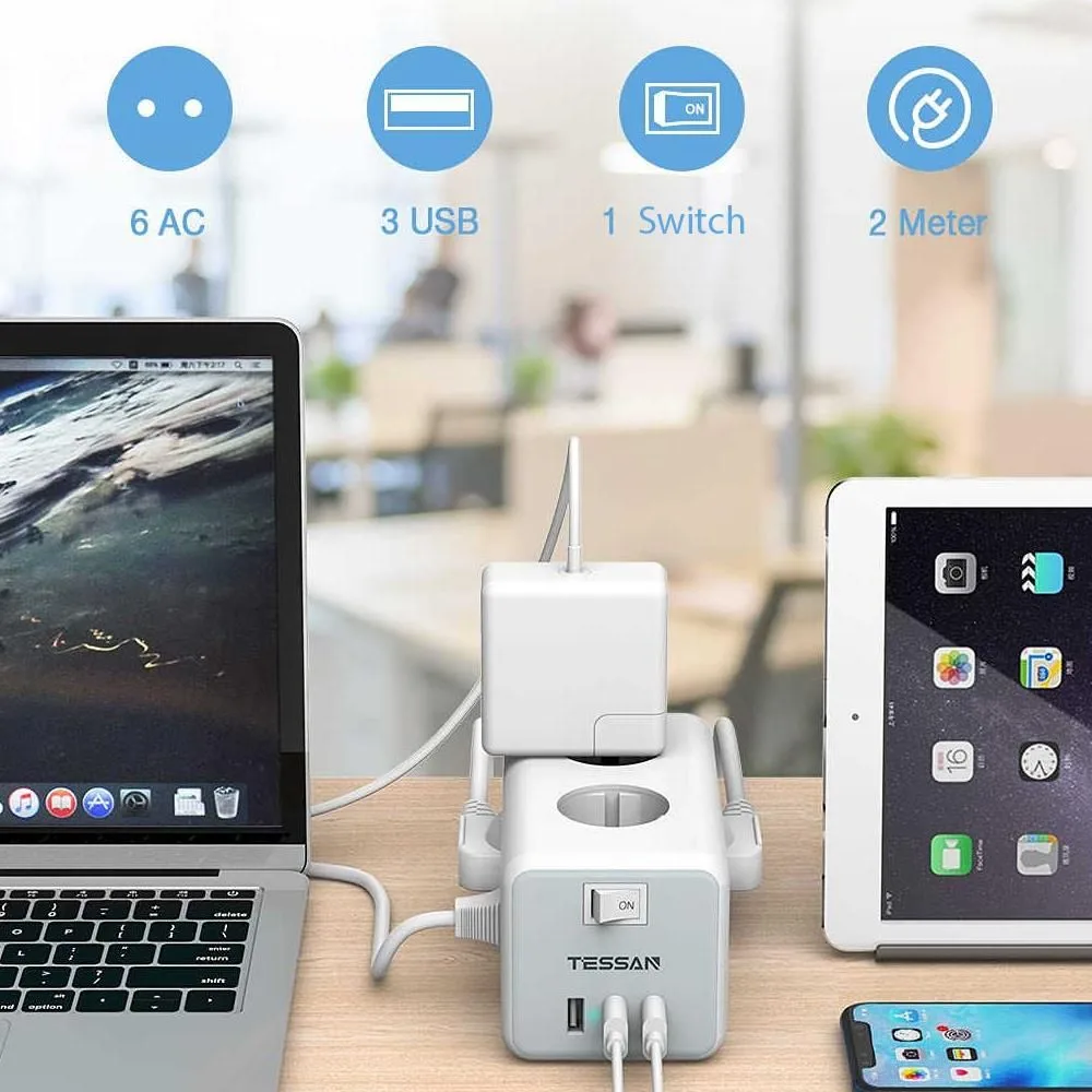 TESSAN TS306 πολύμπριζο 6 ΘΕΣΕΩΝ, 3 USB, Γκρι/λευκο — εικόνα 4