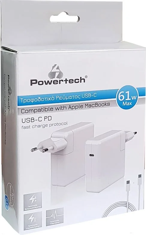 POWERTECH φορτιστής laptop PT-704 για Apple, USB Type-C PD, 61W, λευκός — εικόνα 3