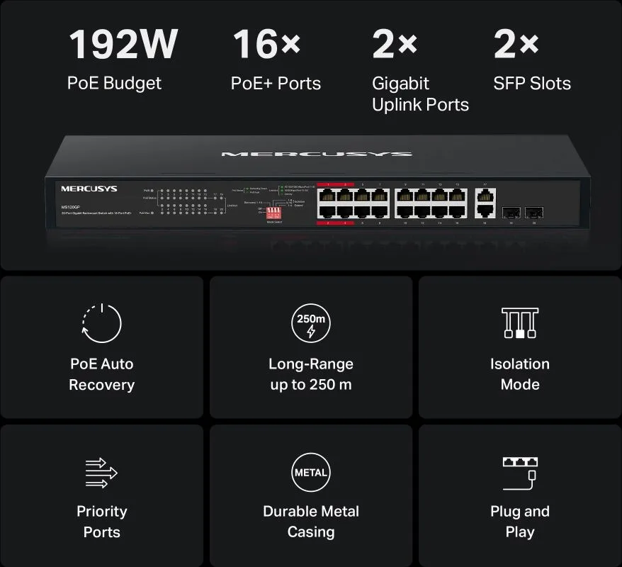 MERCUSYS rackmount switch MS120GP, 20x Gigabit θύρες, PoE+, V1.0 — εικόνα 4