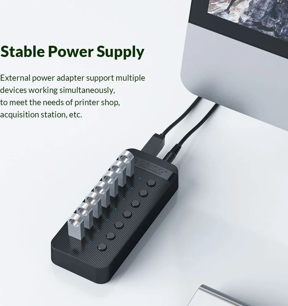 ORICO USB hub CT2U3-7AB με διακόπτες, 7x θυρών, USB 3.0, 5Gbps, USB σύνδεση, μαύρο — εικόνα 4