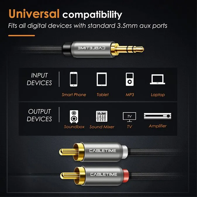 CABLETIME καλώδιο ήχου 3.5mm σε 2x RCA CT-P12G, 3m, μαύρο — εικόνα 3