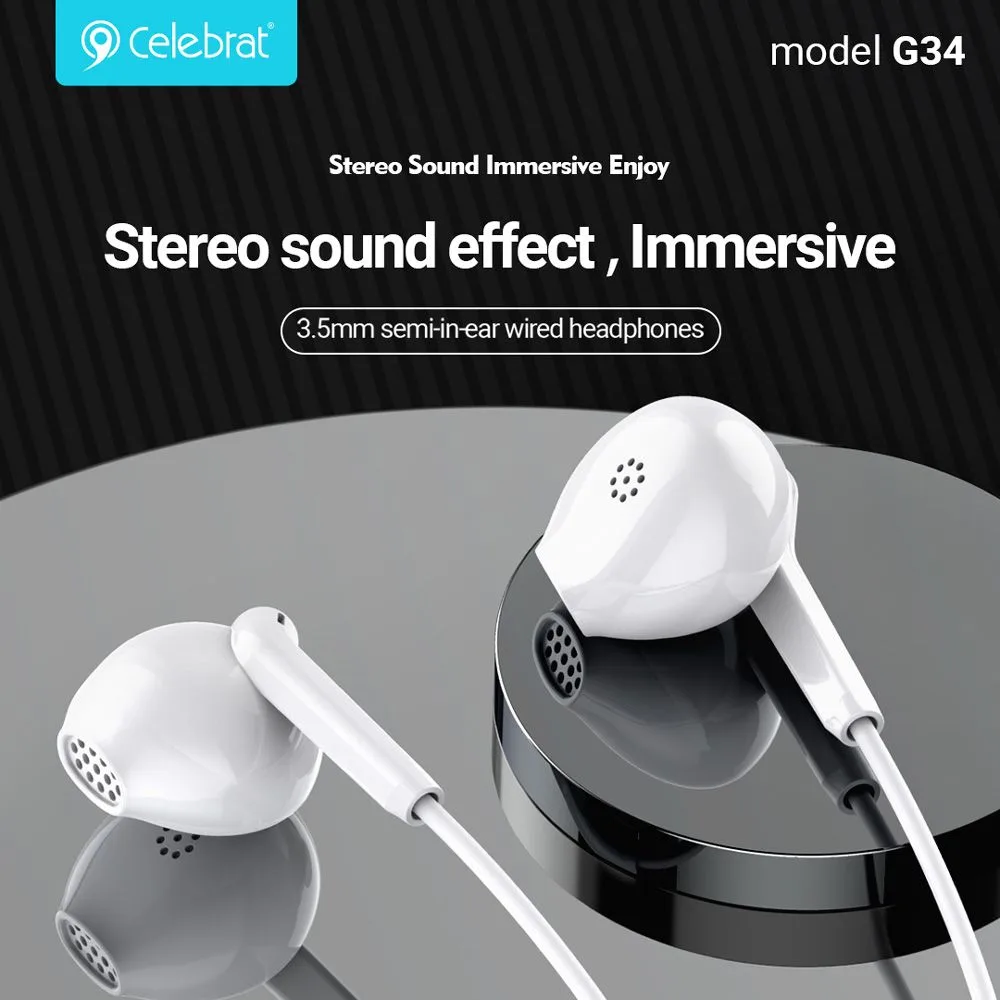CELEBRAT earphones με μικρόφωνο G34, 3.5mm σύνδεση, 14mm, 1.2m, λευκά — εικόνα 2