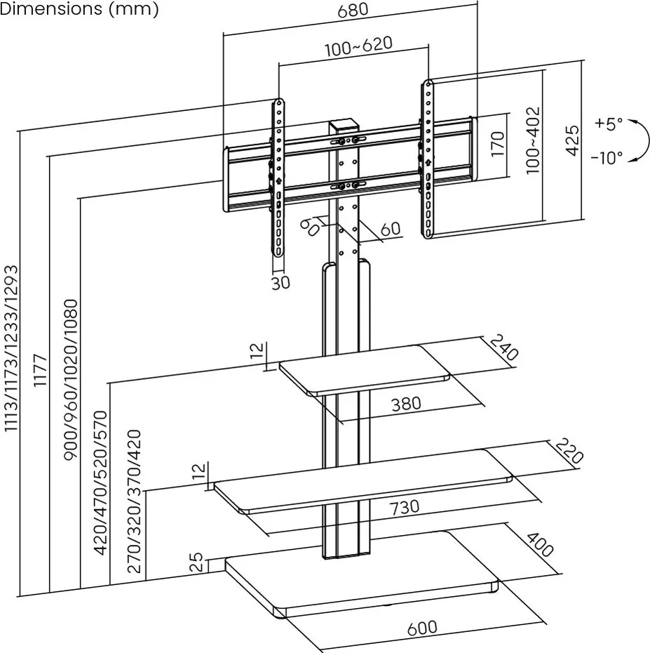 POWERTECH βάση τηλεόρασης δαπέδου PT-1422, 32-75", έως 40kg, με ράφια — εικόνα 4