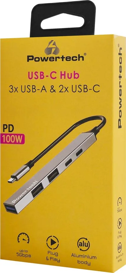 POWERTECH USB hub PT-1414, 5x θυρών, USB 3.2, 5Gbps, 100W, USB-C σύνδεση, γκρι — εικόνα 2
