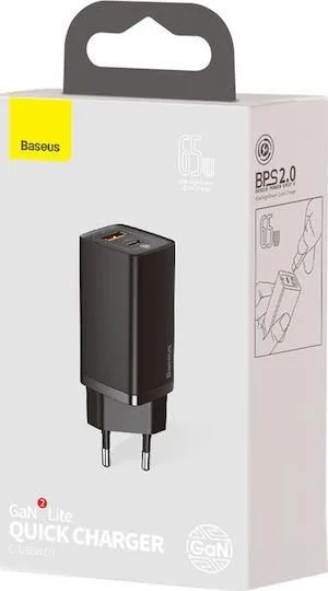 BASEUS GAN 2 Lite φορτιστής ΓΡΗΓΟΡΗΣ φόρτισης, 2 ΘΥΡΕΣ, 65W, ΜΑΥΡΟΣ — εικόνα 2