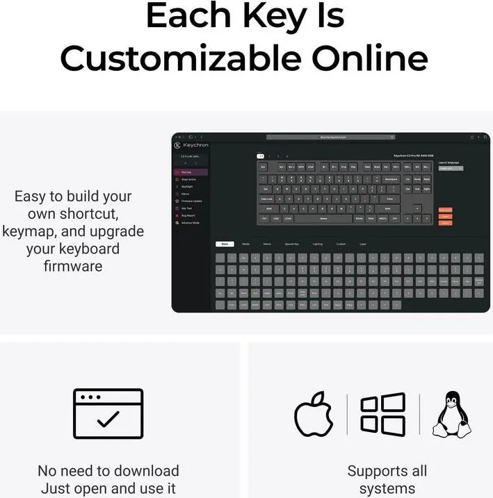Keychron C3 Pro (C3PX-H1) QMK/VIA Mechanical Red Switch - 8K Polling Rate Hot Swap. 80% US RGB — εικόνα 6