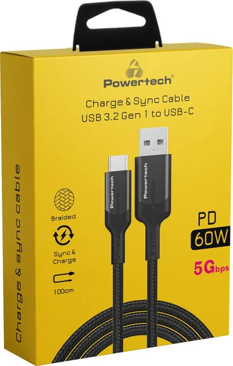 POWERTECH καλώδιο USB σε USB-C PTR-0134 PD 60W, 5Gbps, copper, 1m, μαύρο — εικόνα 2