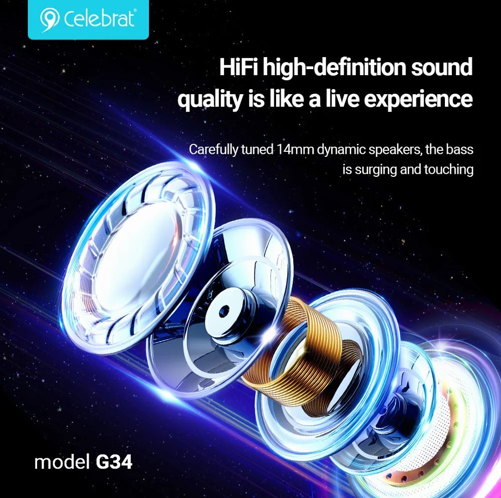 CELEBRAT earphones με μικρόφωνο G34, 3.5mm σύνδεση, 14mm, 1.2m, λευκά — εικόνα 3