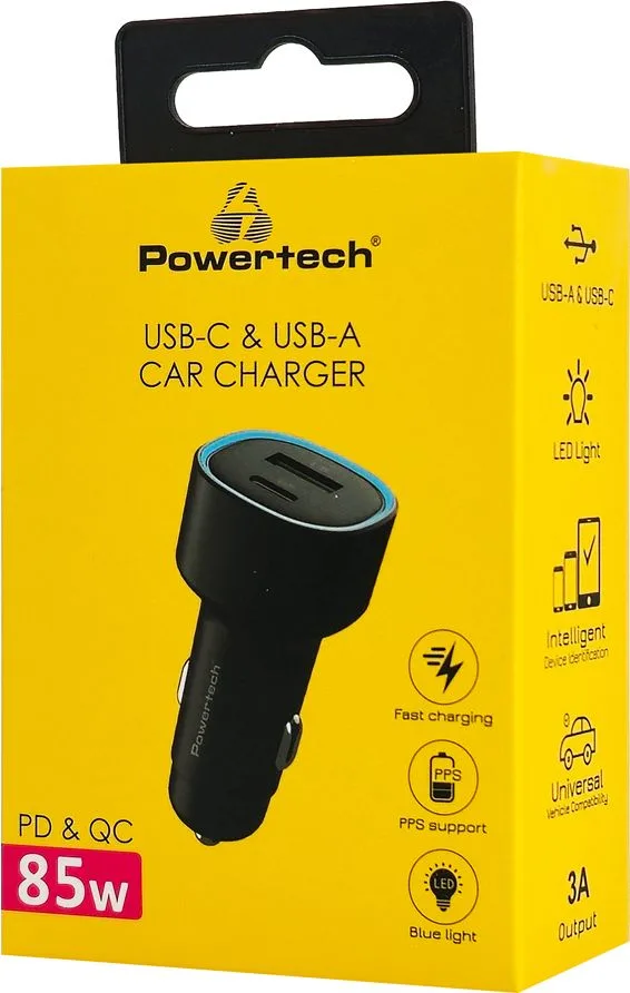 POWERTECH φορτιστής αυτοκινήτου PT-1539, USB & USB-C, 85W, μαύρος — εικόνα 2