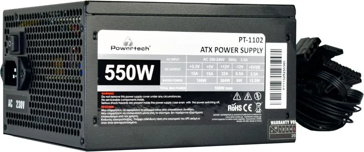 POWERTECH τροφοδοτικό για PC PT-1102, 550W, ATX, 120mm Fan — εικόνα 3