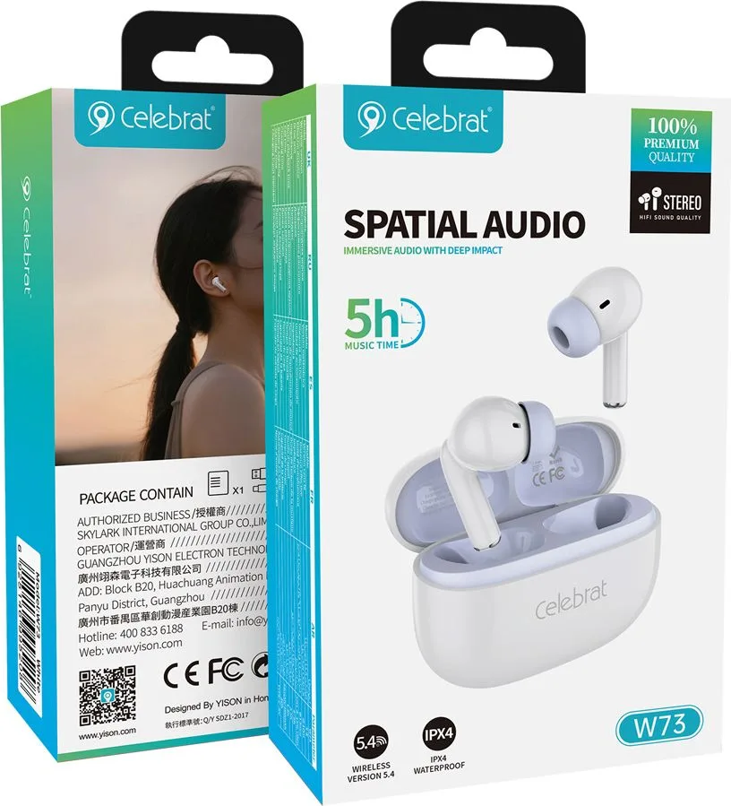 CELEBRAT earphones με θήκη φόρτισης W73, True Wireless, 13mm, 33/380mAh, λευκά — εικόνα 6