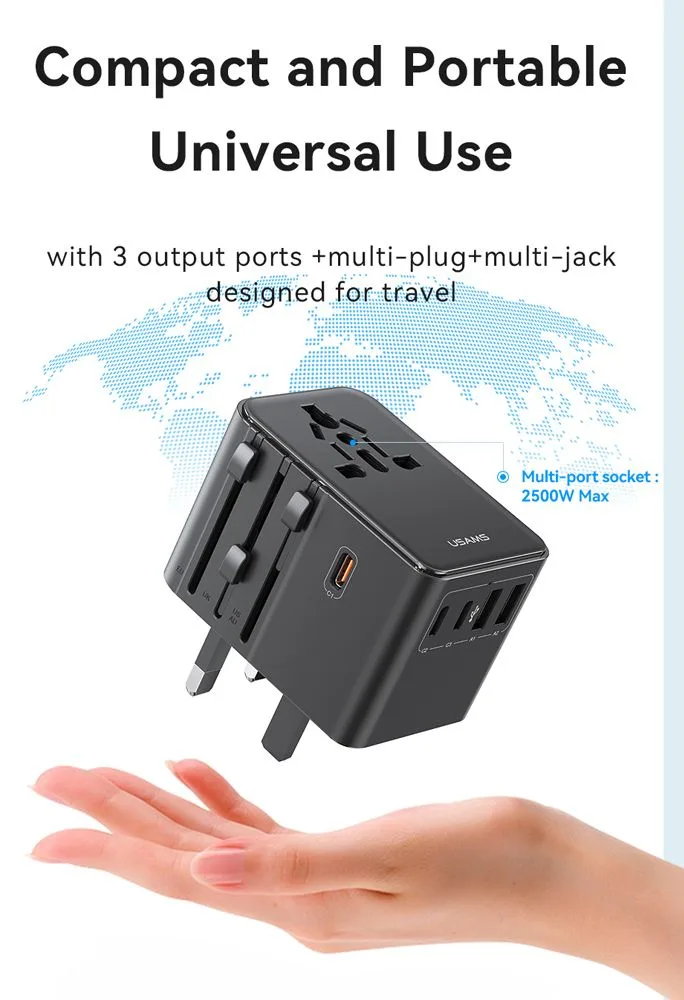 USAMS φορτιστής/αντάπτορας πρίζας CC310, 2x USB & 3x USB-C, universal, 70W, μαύρος — εικόνα 2