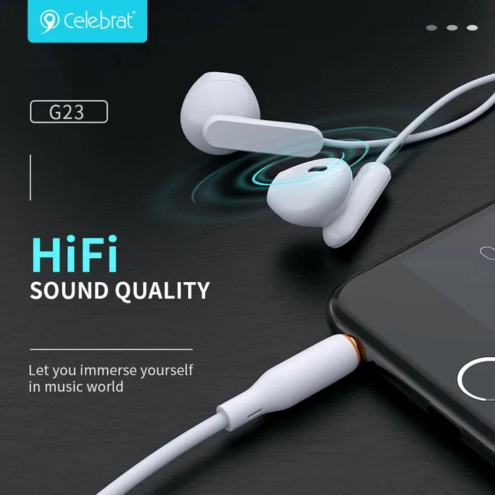 CELEBRAT earphones με μικρόφωνο G23, 3.5mm σύνδεση, Φ14mm, 1.2m, λευκά — εικόνα 2