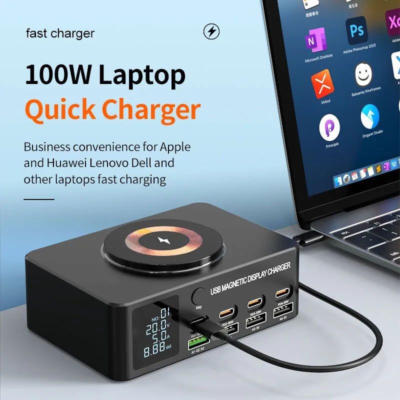 POWERTECH σταθμός φόρτισης PT-1625 με οθόνη, 4x USB/4x USB-C/wireless, 140W, μαύρος — εικόνα 3