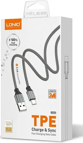 LDNIO καλώδιο Lightning σε USB LS442, 2.4A, 2m, γκρι — εικόνα 4