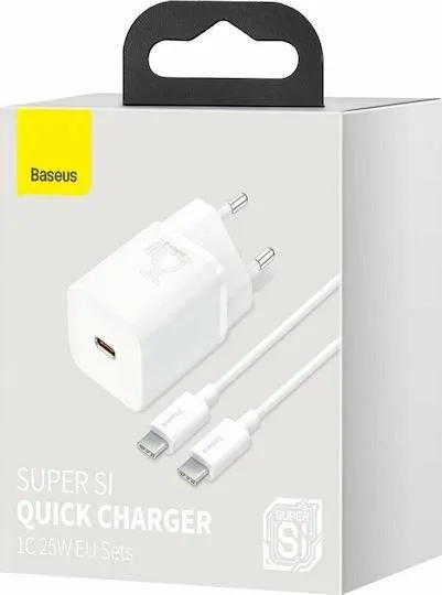BASEUS Super SI φορτιστής ΓΡΗΓΟΡΗΣ φόρτισης, 1 θύρα, ΠΕΡΙΛΑΜΒΑΝΕΙ καλώδιο Type-C ΣΕ Type-C, 25W, ΛΕΥΚΟΣ — εικόνα 2