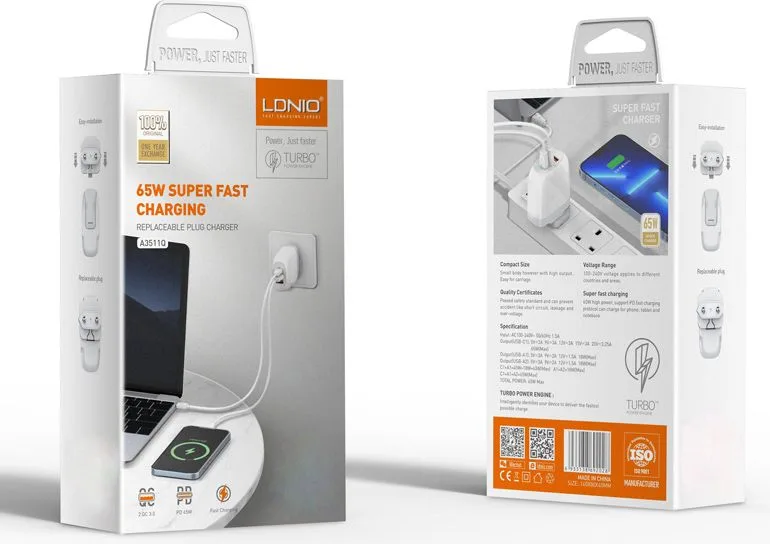 LDNIO φορτιστής τοίχου A3511Q με καλώδιο, USB-C/2x USB, 65W, GaN, λευκός — εικόνα 8