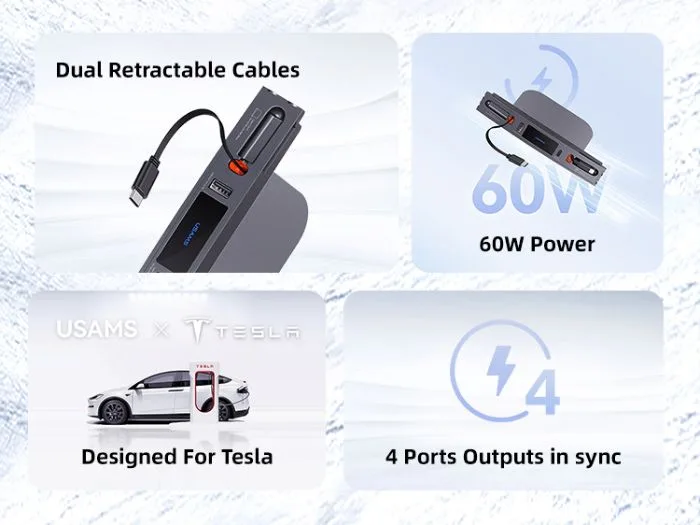 USAMS φορτιστής αυτοκινήτου US-SJ649 για Tesla(3/Y), με 2x καλώδια, USB/USB-C θύρες, 60W, γκρι — εικόνα 2